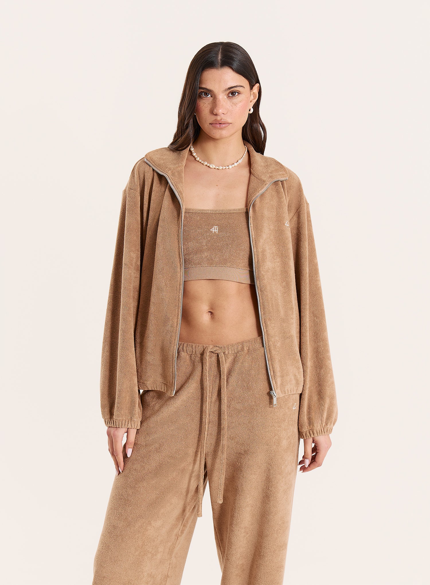 Beige Towelling Funnel Neck Jacket